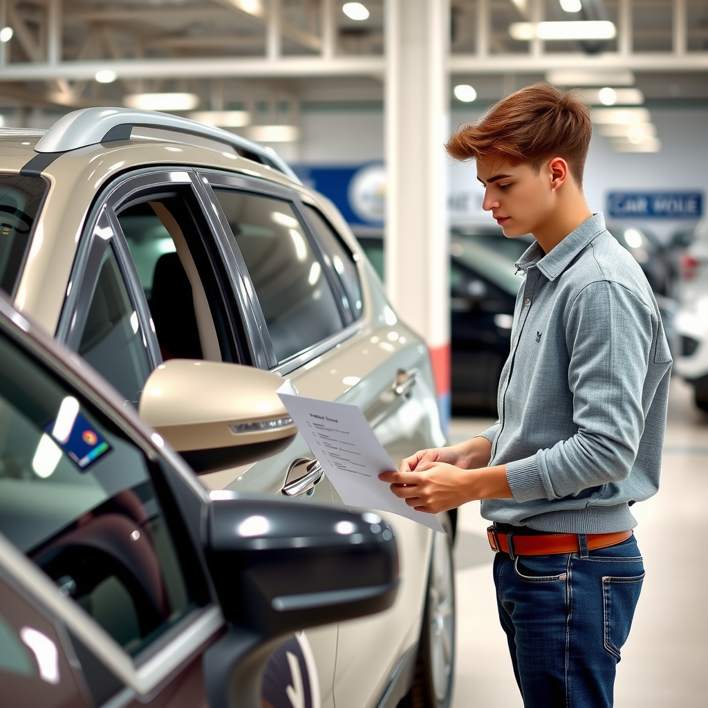 Joven comprando su primer auto usado, inspeccionando el vehículo con una lista de verificación, concesionario de autos de fondo, ambiente profesional y acogedor