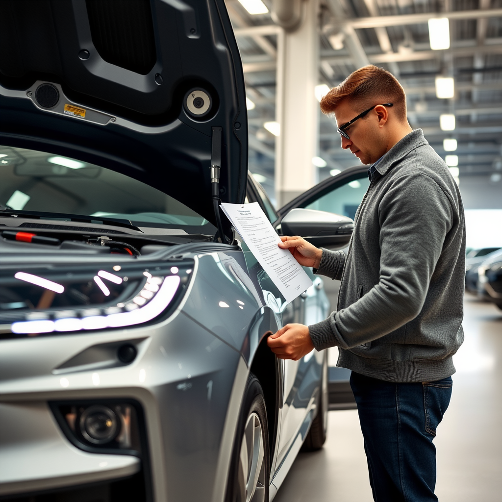 Persona inspeccionando cuidadosamente un automóvil usado, revisando el motor, neumáticos y documentación de mantenimiento en un concesionario bien iluminado