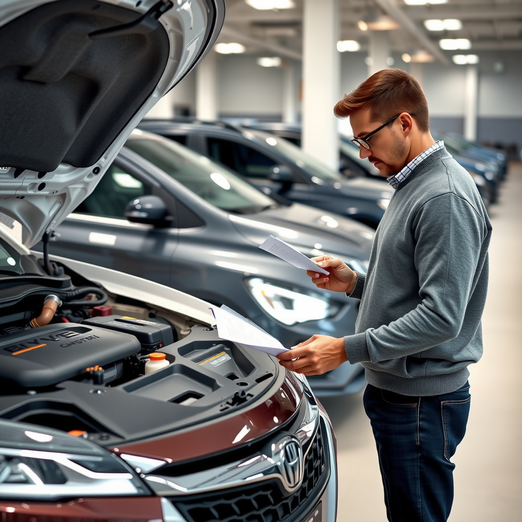 Comprador primerizo inspeccionando cuidadosamente un auto usado en un concesionario, revisando el motor y tomando notas, ambiente profesional con varios vehículos al fondo