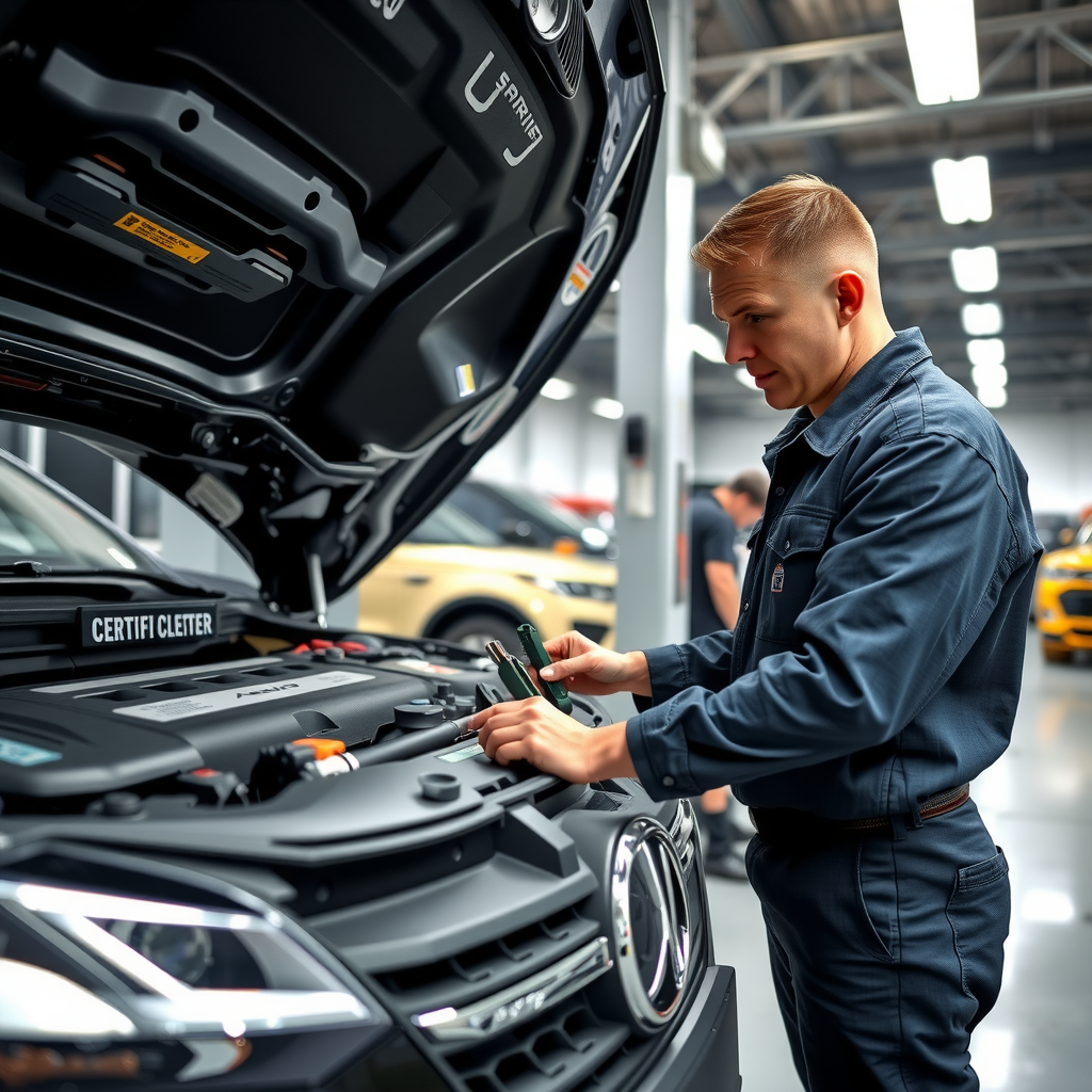 Técnico profesional inspeccionando minuciosamente un vehículo certificado de segunda mano en un taller moderno, verificando motor, frenos y sistemas electrónicos con herramientas especializadas