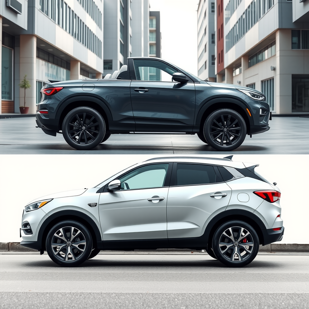Comparación lado a lado de un automóvil compacto y un SUV en un entorno urbano moderno, mostrando las diferencias de tamaño y diseño entre ambos tipos de vehículos