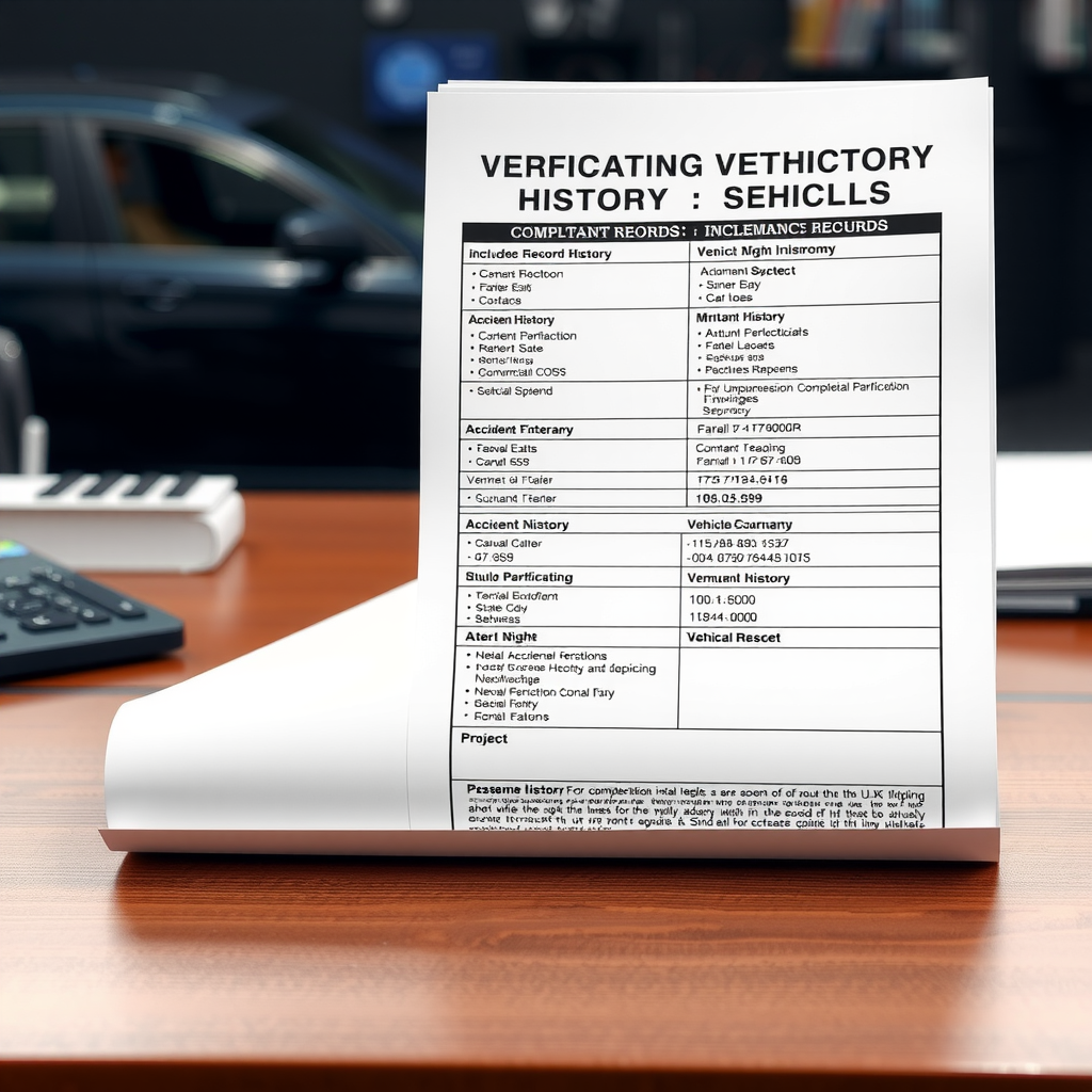 Documento de informe de historial vehicular detallado mostrando información completa del vehículo, incluyendo registros de mantenimiento, historial de accidentes y verificación de kilometraje sobre un escritorio profesional