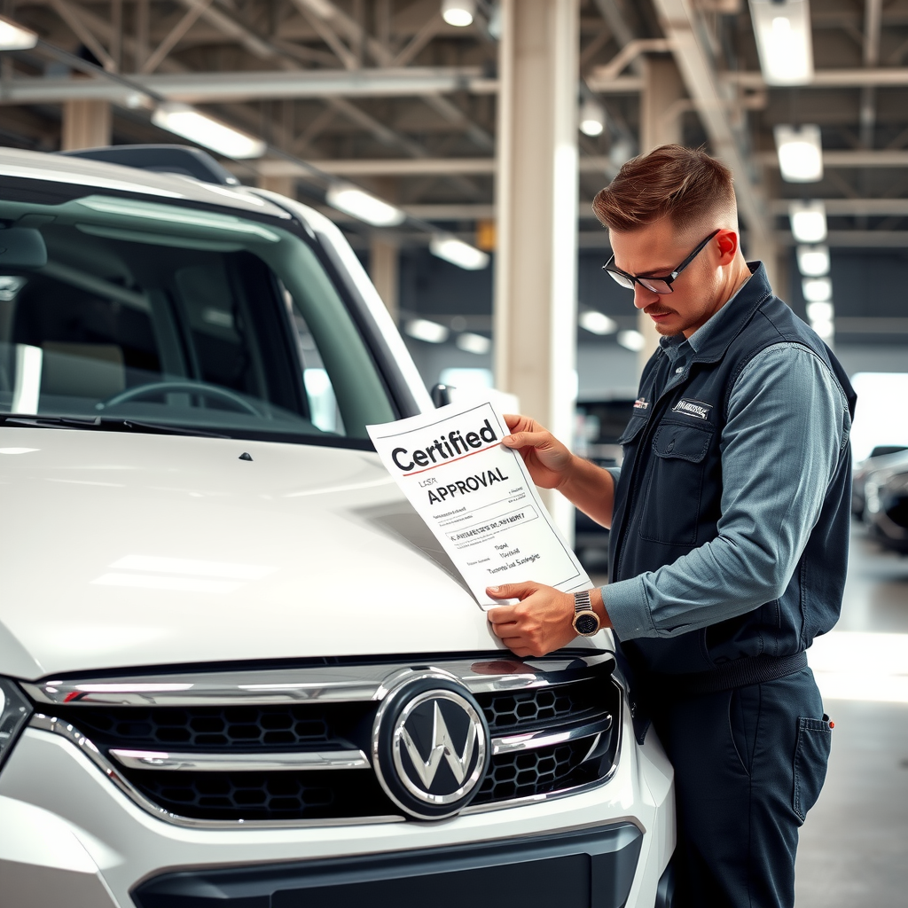 Vehículo certificado con sello de aprobación, mecánico profesional inspeccionando auto, documentos de garantía extendida, ambiente de concesionario premium