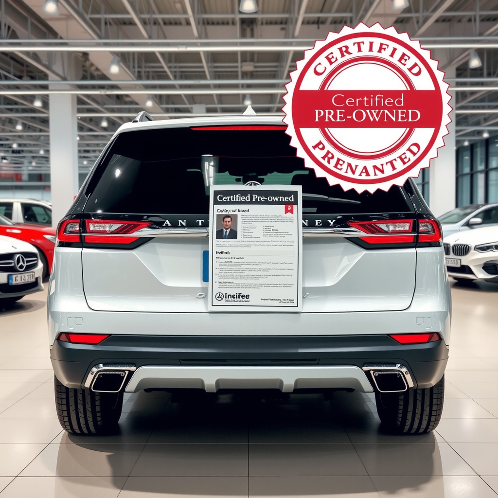 Vehículo certificado pre-owned con insignia de garantía, mostrando documentación de inspección detallada y sello de calidad en un showroom profesional
