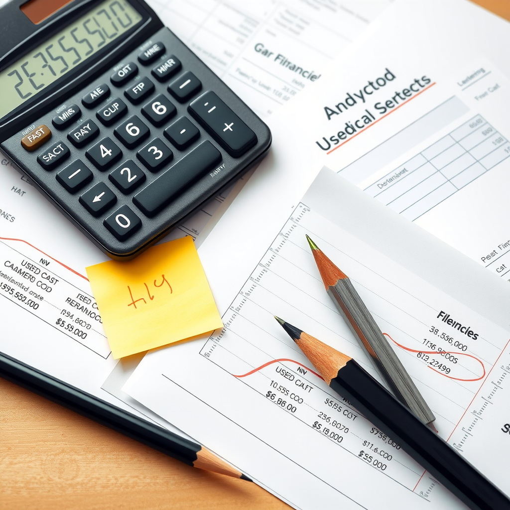 Calculadora, documentos financieros y planilla de presupuesto sobre escritorio, mostrando cálculos de costos de auto usado, lápiz y notas adhesivas con cifras