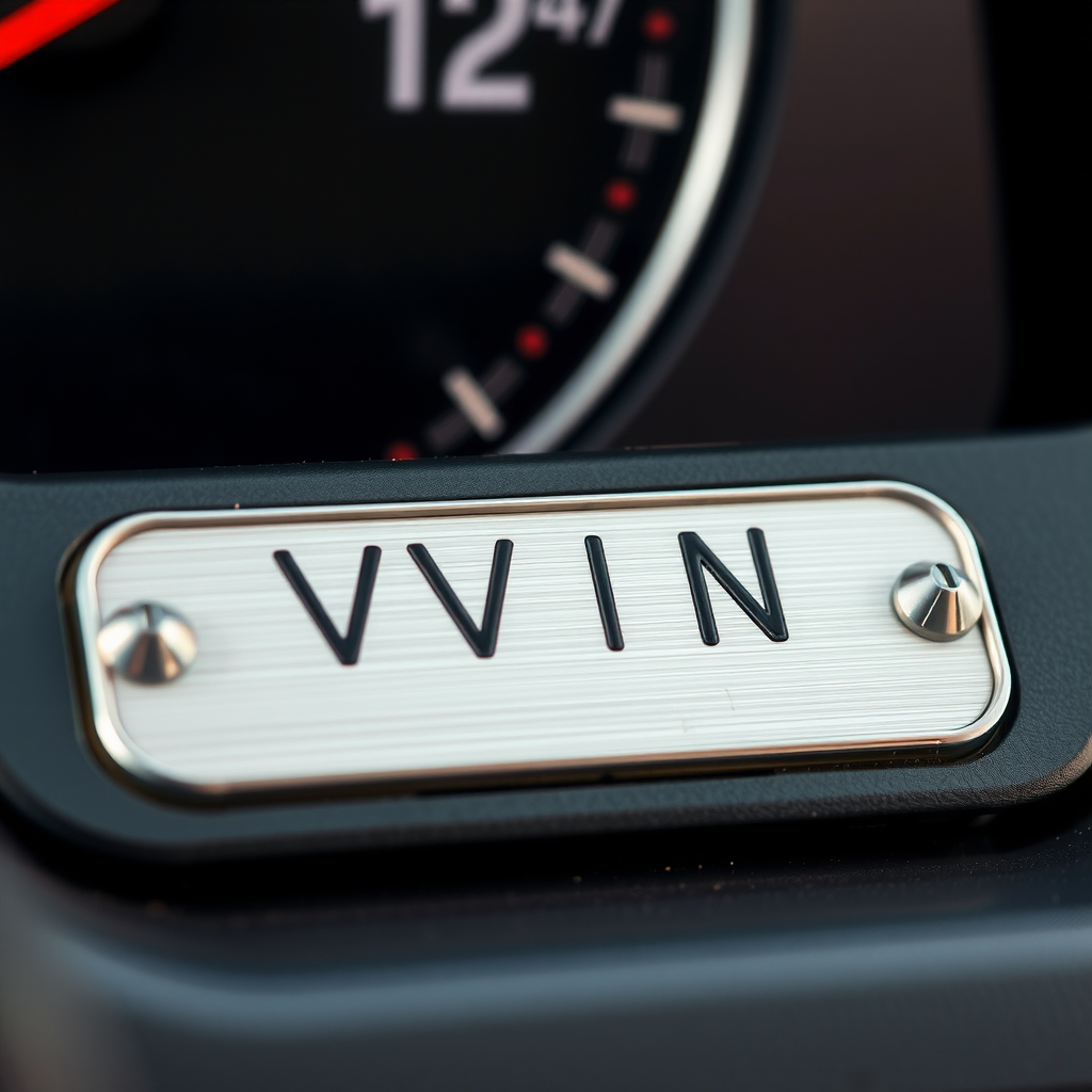 Primer plano del Número de Identificación del Vehículo (VIN) grabado en una placa metálica del tablero de un automóvil, mostrando la secuencia alfanumérica única de 17 caracteres