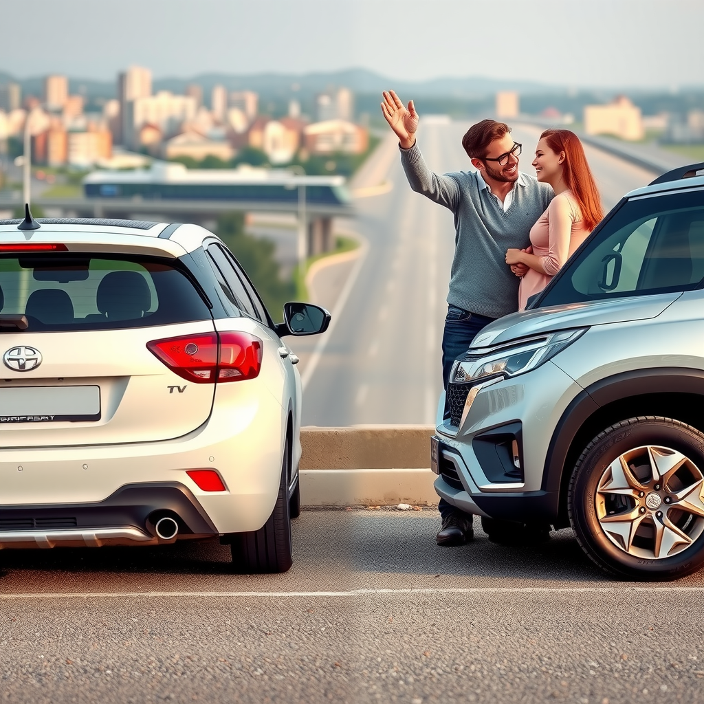 Comparación lado a lado de auto compacto y SUV, familia considerando opciones de vehículos, ciudad y carretera de fondo, ambiente de toma de decisiones
