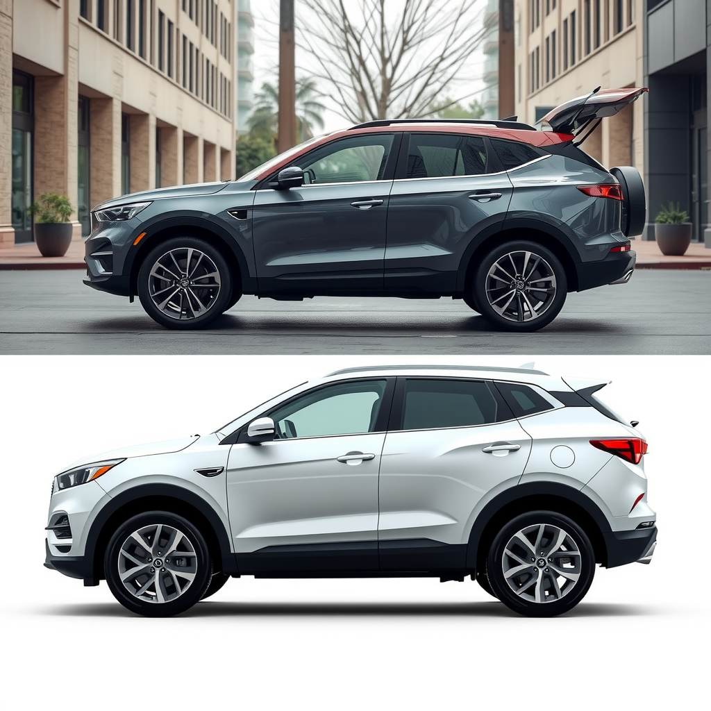 Comparación lado a lado de un auto compacto moderno y un SUV espacioso, mostrando diferencias de tamaño, capacidad de carga y características de diseño en un ambiente urbano