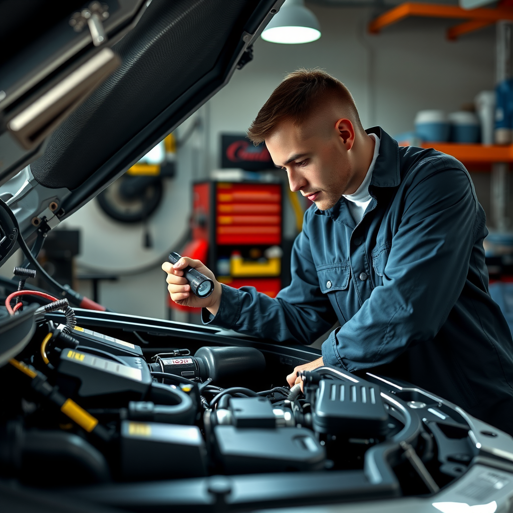 Mecánico profesional inspeccionando el motor de un auto usado con linterna, revisando niveles de fluidos y componentes, taller bien iluminado con herramientas profesionales