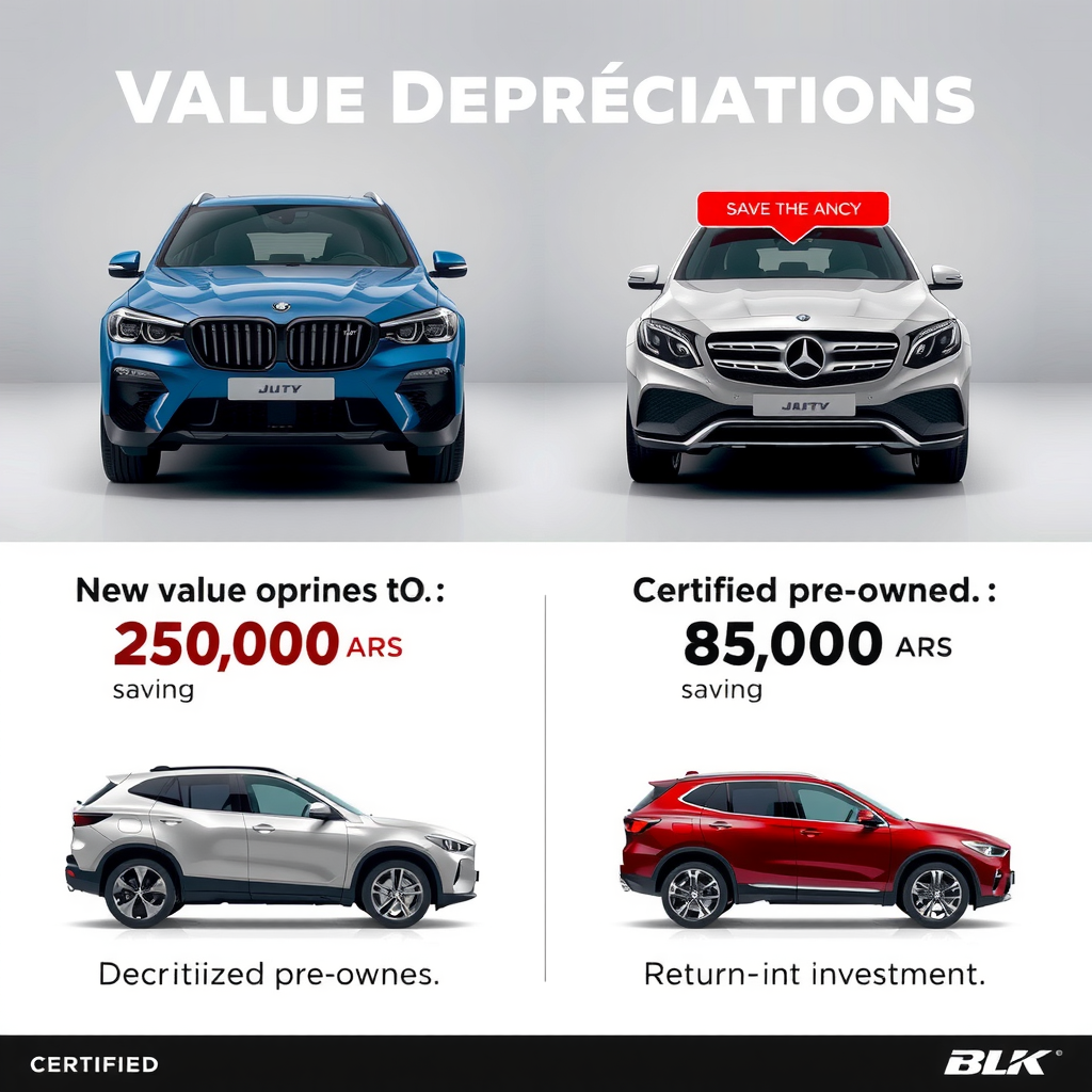Gráfico comparativo mostrando la depreciación de valor entre vehículos nuevos y certificados de segunda mano, destacando el ahorro de 250.000 ARS en promedio y mejor retorno de inversión
