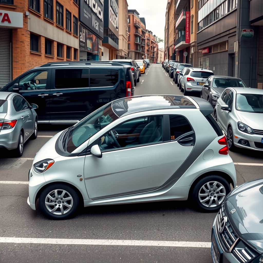Automóvil compacto estacionándose fácilmente en un espacio urbano reducido entre otros vehículos, demostrando su maniobrabilidad superior