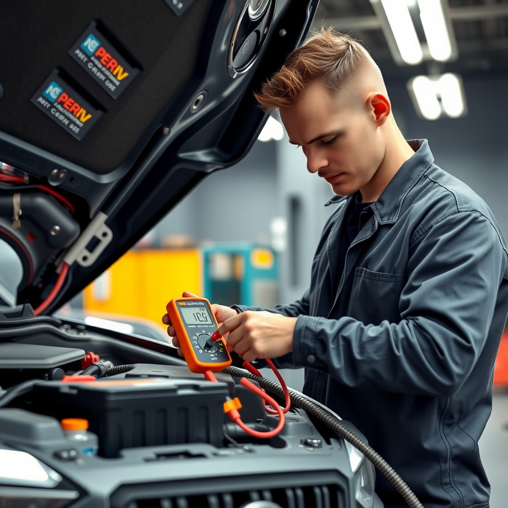 Técnico automotriz probando la batería de un vehículo con un multímetro digital, verificando el voltaje y la capacidad de carga en un taller profesional