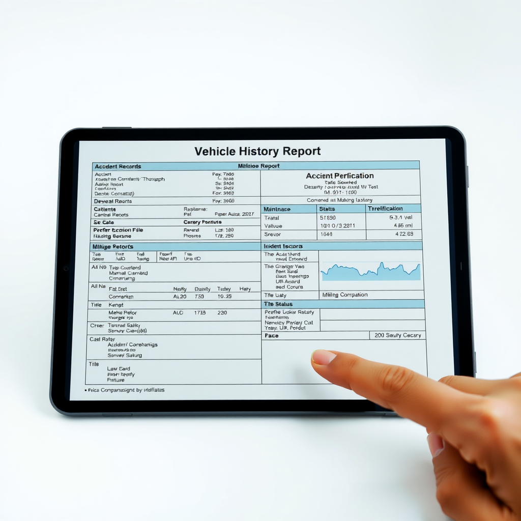 Documento de reporte de historial vehicular detallado mostrando registros de accidentes, mantenimiento, verificación de kilometraje y estado del título en una tablet moderna