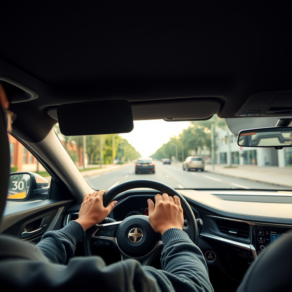 Conductor concentrado al volante durante prueba de manejo de auto usado, vista desde interior del vehículo, carretera urbana visible por parabrisas, manos en volante