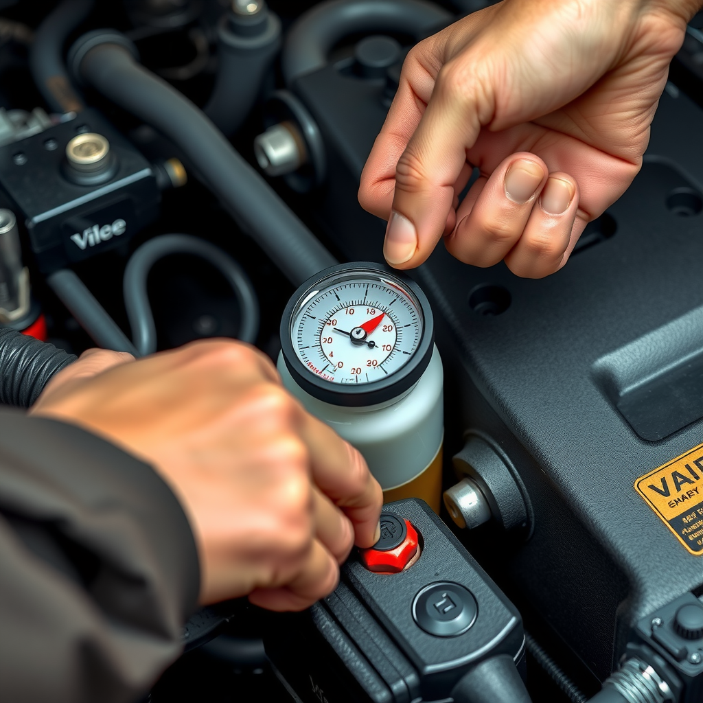Mano de mecánico verificando el nivel y la calidad del anticongelante en el depósito de refrigerante de un motor, con herramientas de prueba visibles