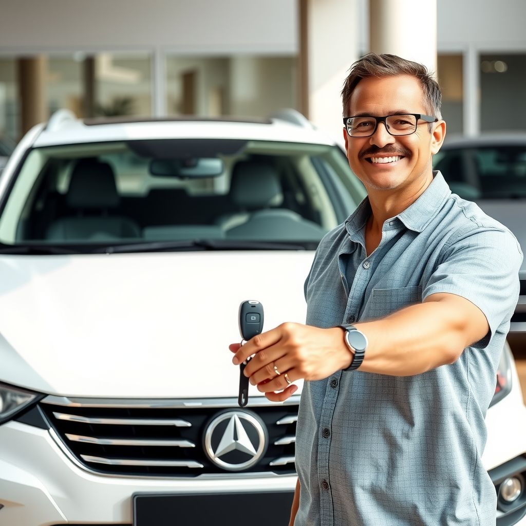 Comprador sonriente sosteniendo llaves de auto nuevo frente a vehículo usado recién adquirido, expresión de satisfacción y logro, concesionario de fondo, luz natural