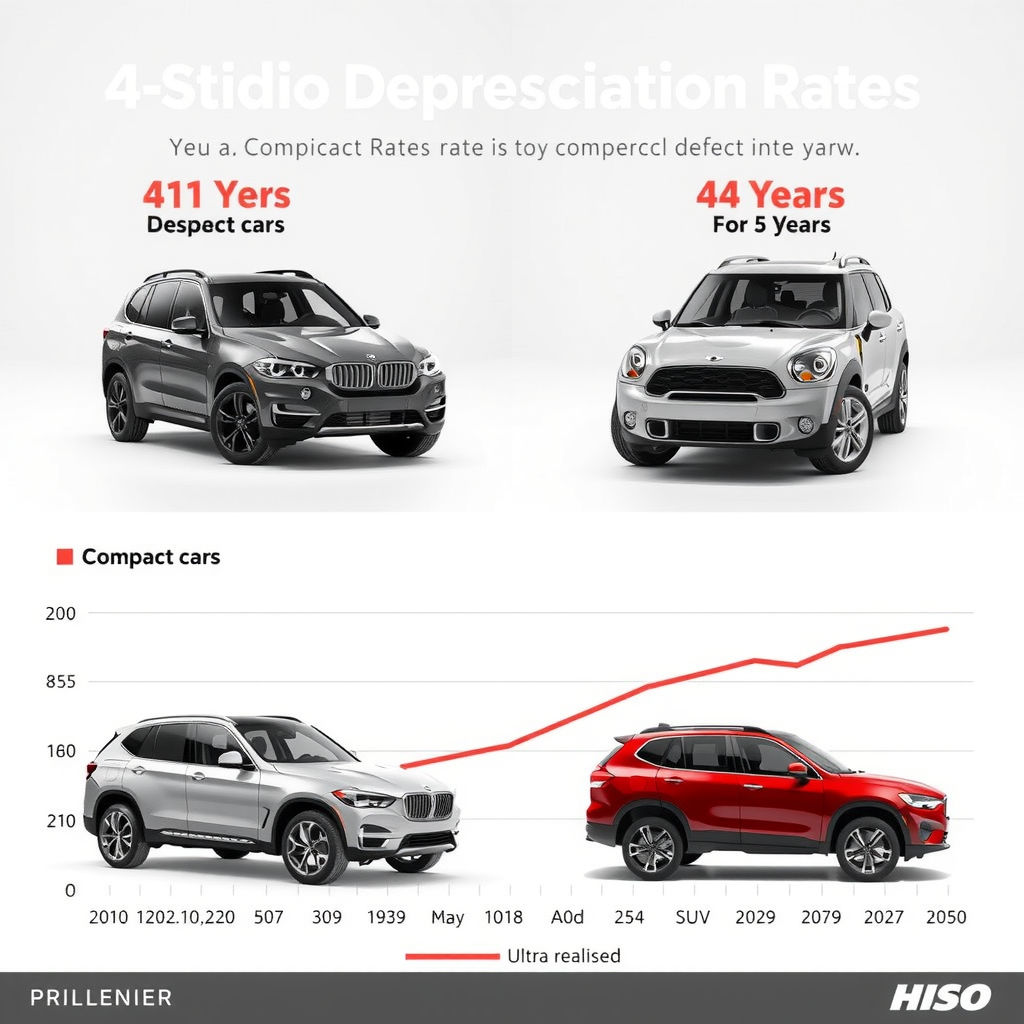 Gráfico mostrando las tasas de depreciación de vehículos durante 5 años comparando automóviles compactos y SUVs con líneas de tendencia