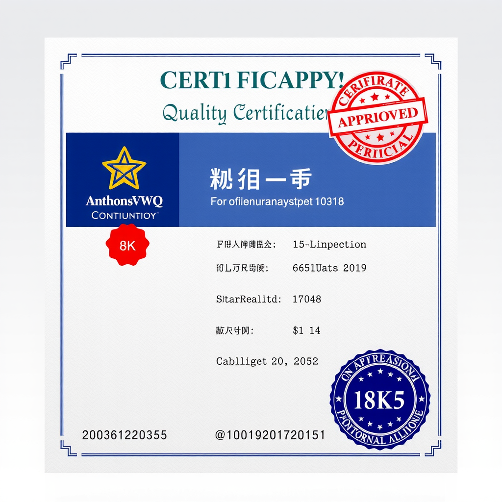 Certificado oficial de calidad AnthonsVWQ con sello de aprobación y detalles de inspección
